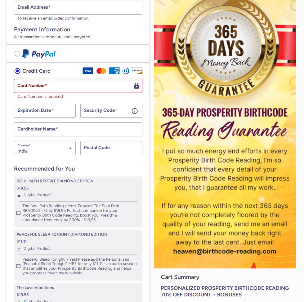Prosperity Birth Code Reading Checkout Page
